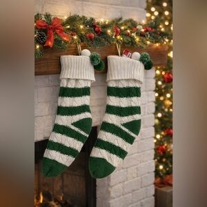 Cable knit chunky Christmas stockings (2) large 21 in NEW NWT green white stripe